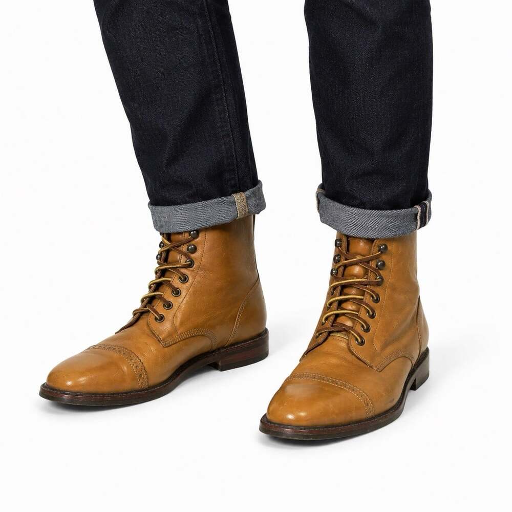 Tan Brown Leather Lace Up Cap Toe Ankle Boots Men’s Dress Casual Boots Preowned